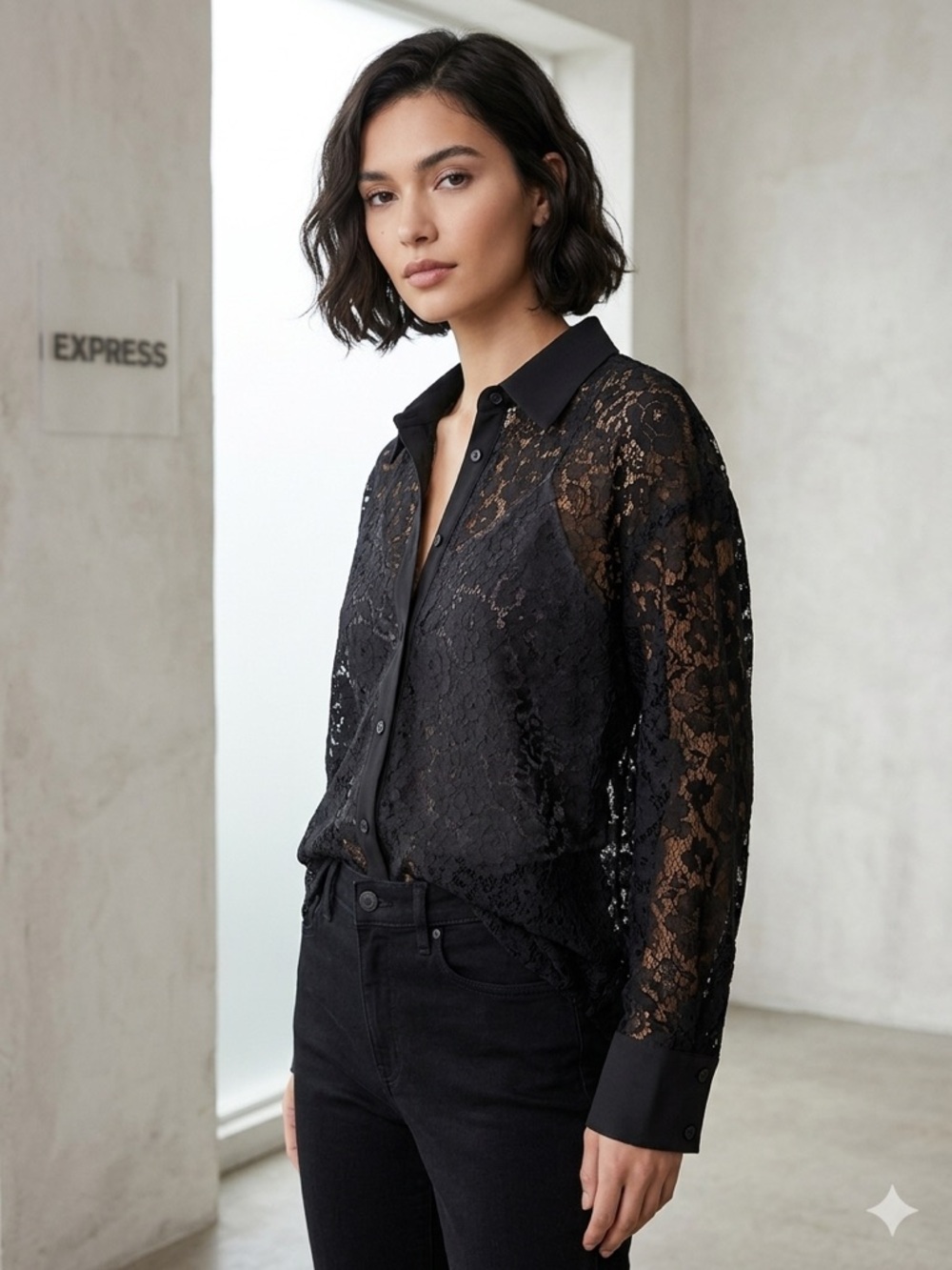 Express Black Floral Lace Boyfriend Portofino Button-Up Shirt – Size M